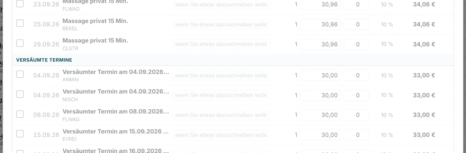 Versäumte Termine im Kassierdialog als angebotene Ausfallhonorare