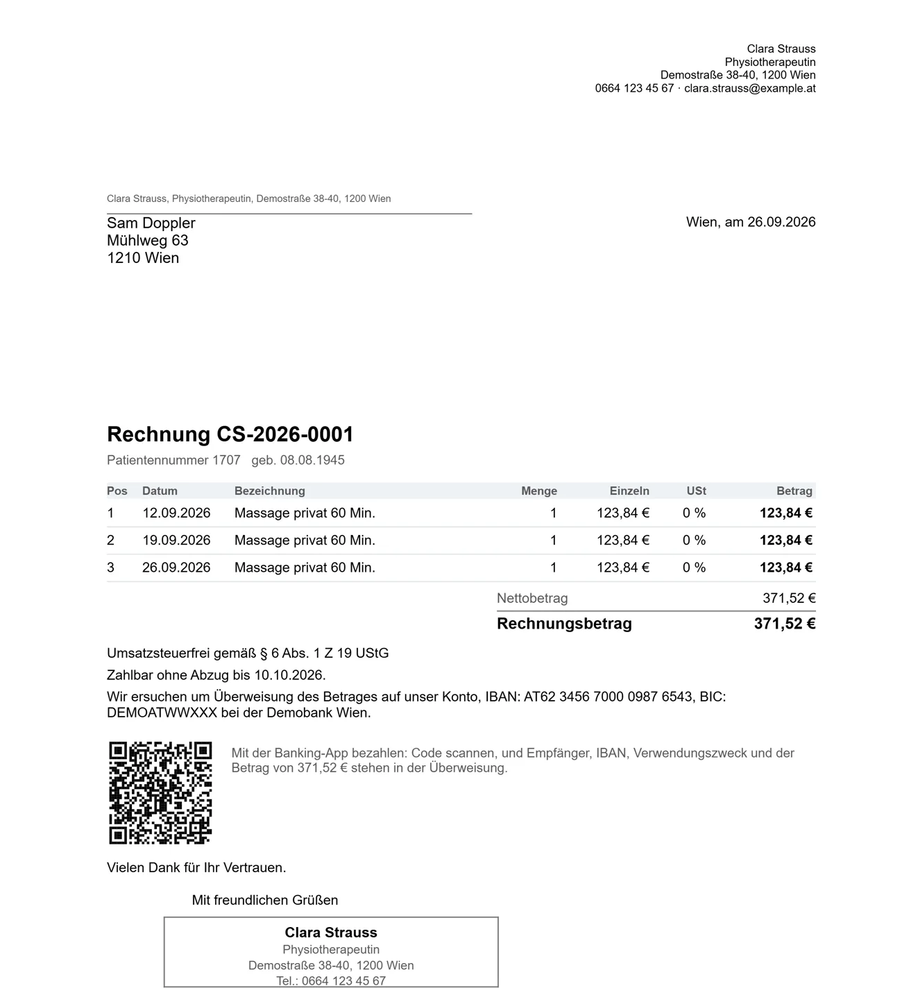 Rechnung einer Therapeutin auf eigenen Namen, umsatzsteuerfrei, mit Zahlungscode auf ihr Konto