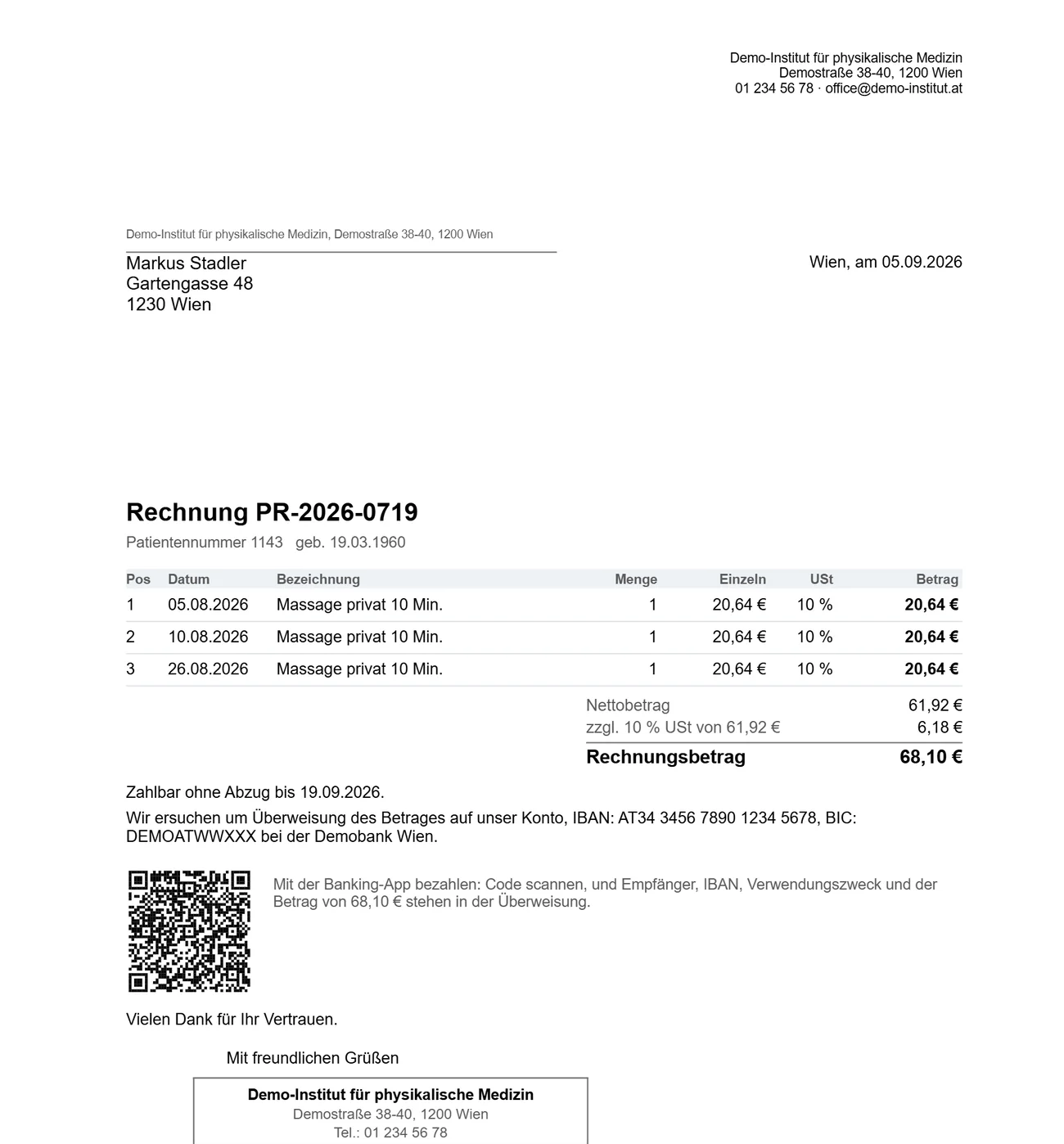 Eine private Rechnung als Geschäftsbrief mit Zahlungscode