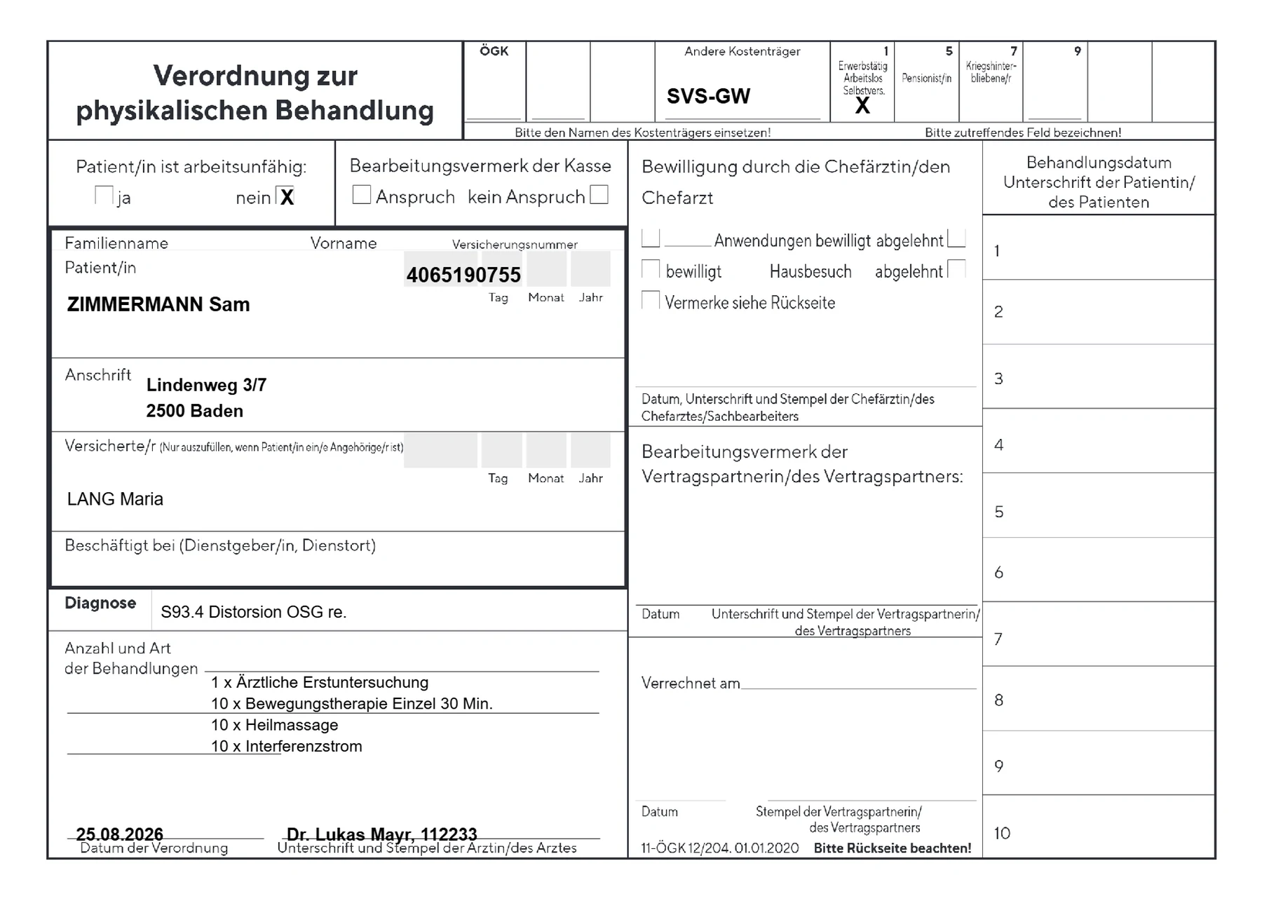 Die Verordnung zur physikalischen Behandlung, mit Formular auf weißes Papier gedruckt